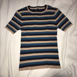 Knit, brown, blue, and black striped t-shirt